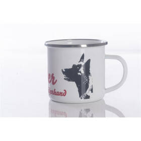 Emaille-Tasse 0,3l mit Hunderasse, zweifarbig, rot-weiß