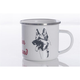 Emaille-Tasse 0,3l mit Hunderasse, zweifarbig, rot-weiß