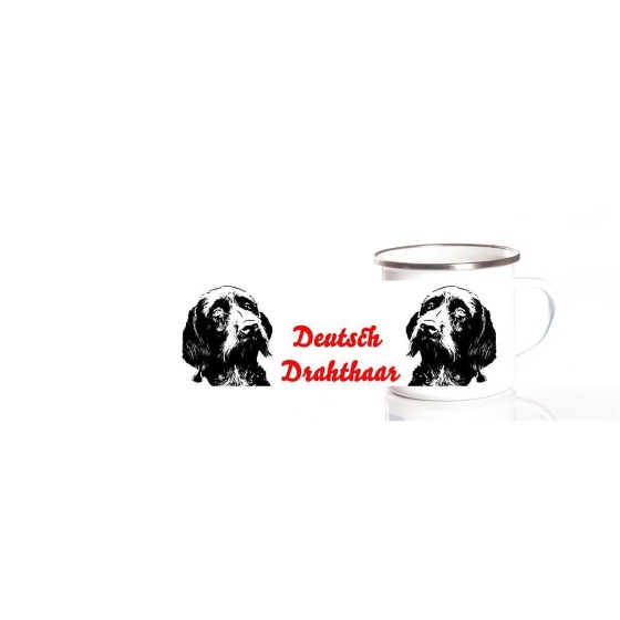 Emaille-Tasse 0,3l mit Hunderasse, zweifarbig, rot-weiß Deutsch Drahthaar (braunschimmel)