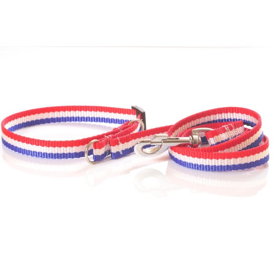 Halsband und Leine aus Gurtband, blau-weiß-rot, 20mm breit Zugstop